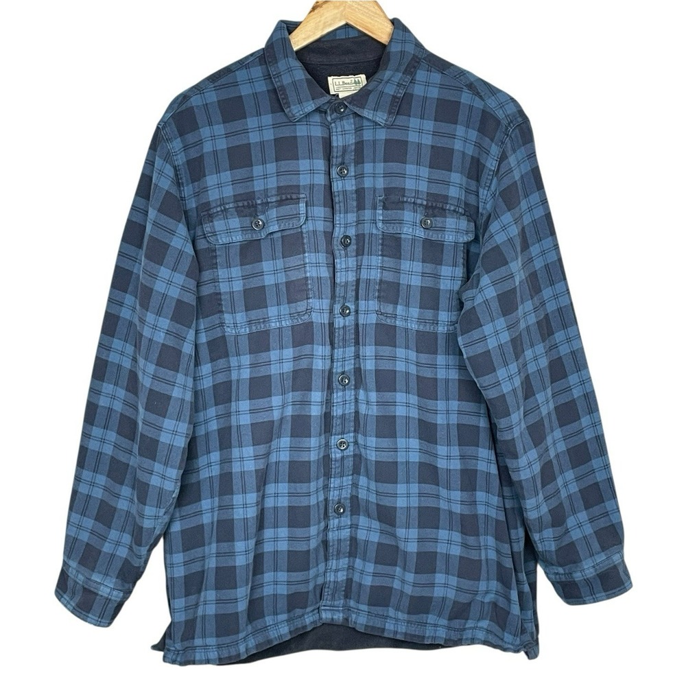 LL Bean Flannel Fleece Lined Plaid Shirt Jacket Mens L Traditional Fit Layering